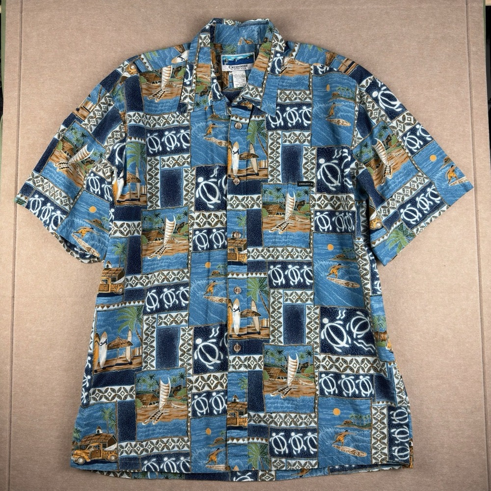 Vintage Hawaiian Shirt XL Blue Surf Hula Turtle Aloha‎ Cotton Made in Hawaii USA